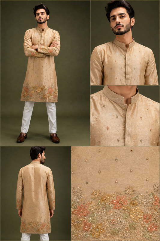 Beige Silk Kurta Set with Peach Floral Embroidery for Me