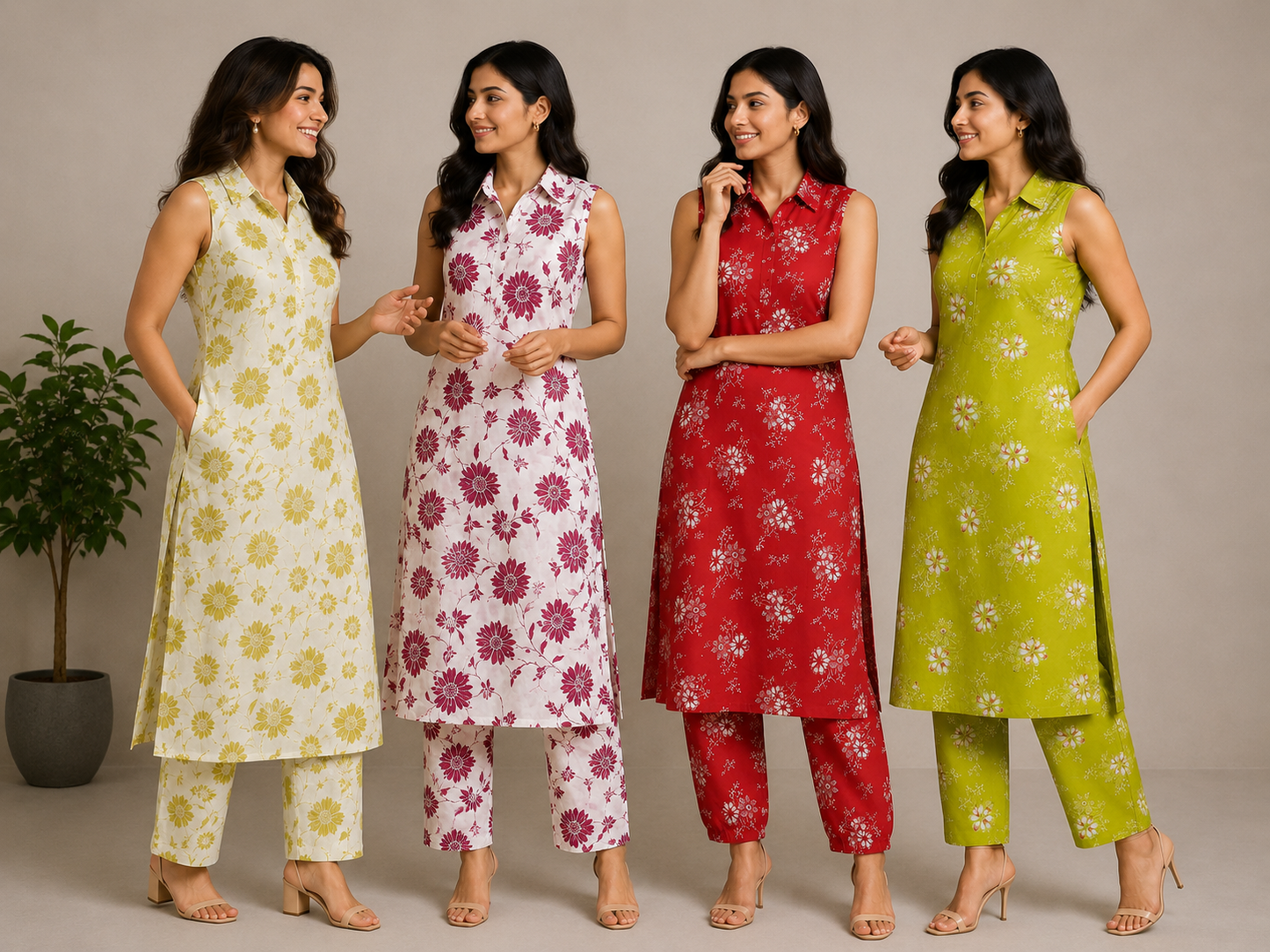 Women’s Floral Collar Kurti & Pant Co-ord Set Collection