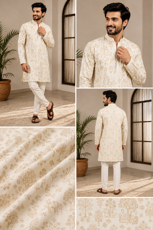 Ivory Printed Men’s Ethnic Kurta Set