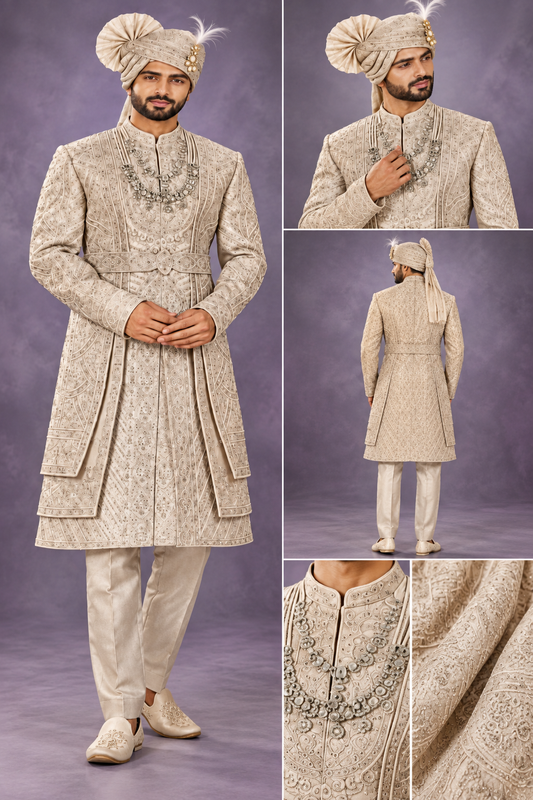 Elegant Ivory Embroidered Groom Sherwani