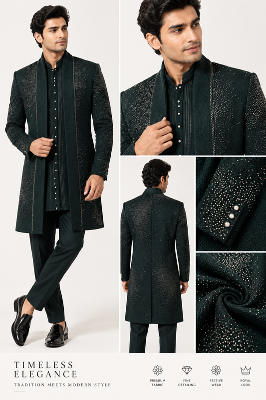 Black Embellished Indo-Western Sherwani Set