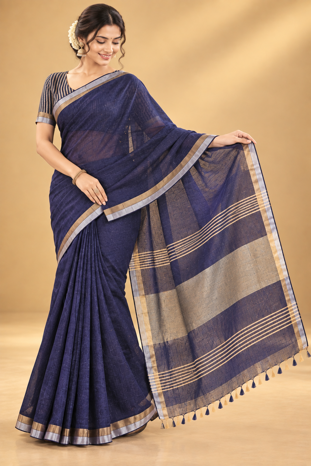 Elegant Navy Blue Saree with Metallic Border