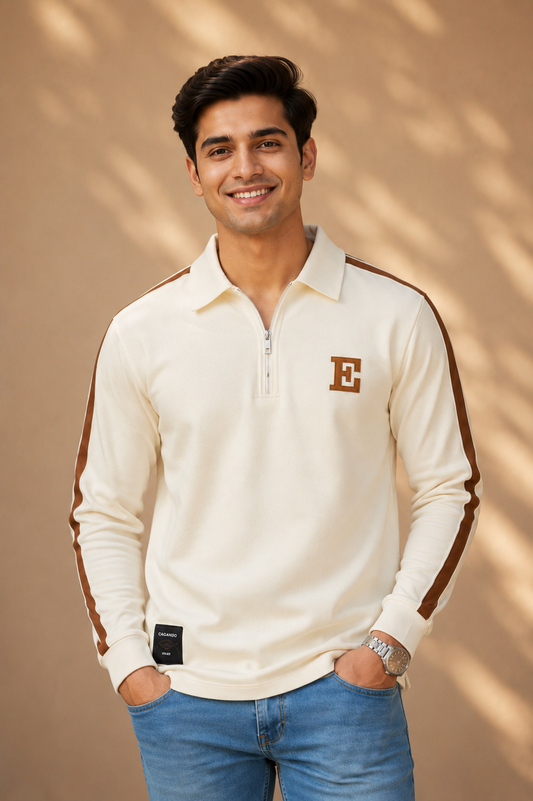 Men’s Off-White Half-Zip Polo T-Shirt with Contrast Sleeve Stripes