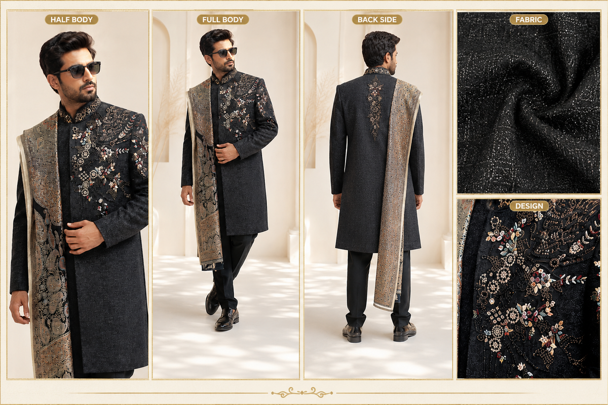 Black Embroidered Designer Sherwani Set with Stole