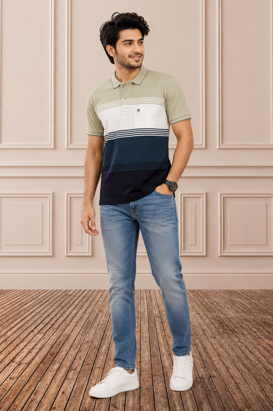 Men's Olive & Navy Striped Polo T-Shirt – Premium Casual Wear