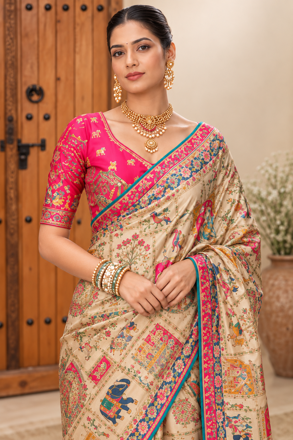 Royal Heritage Printed Saree with Vibrant Pink Border