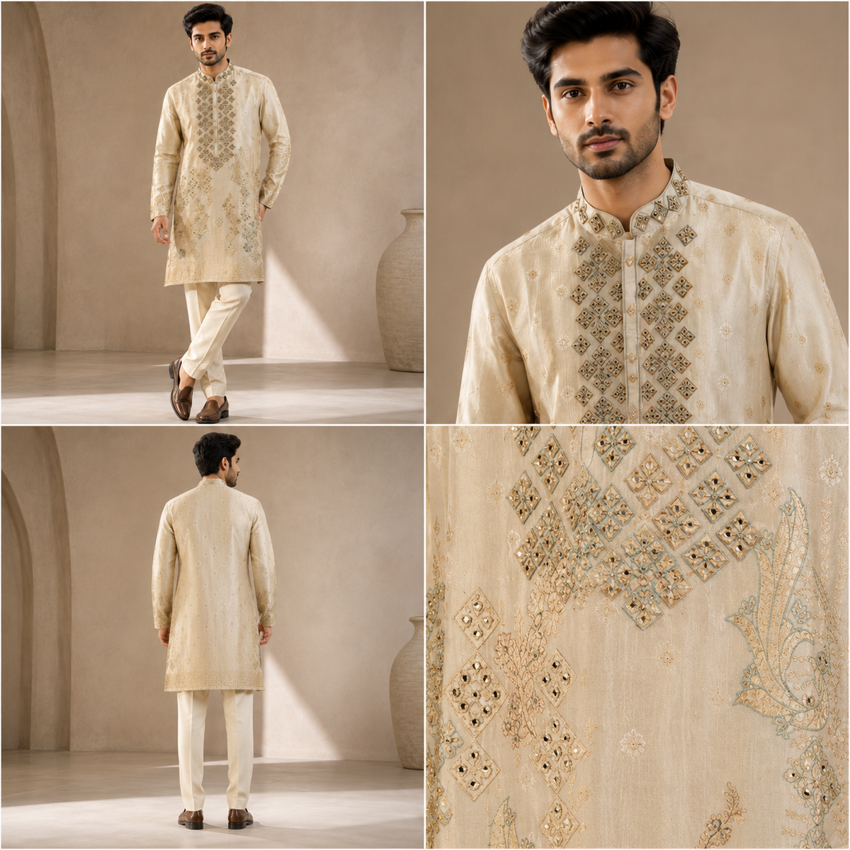 Ivory Gold Embroidered Festive Kurta Set for Men
