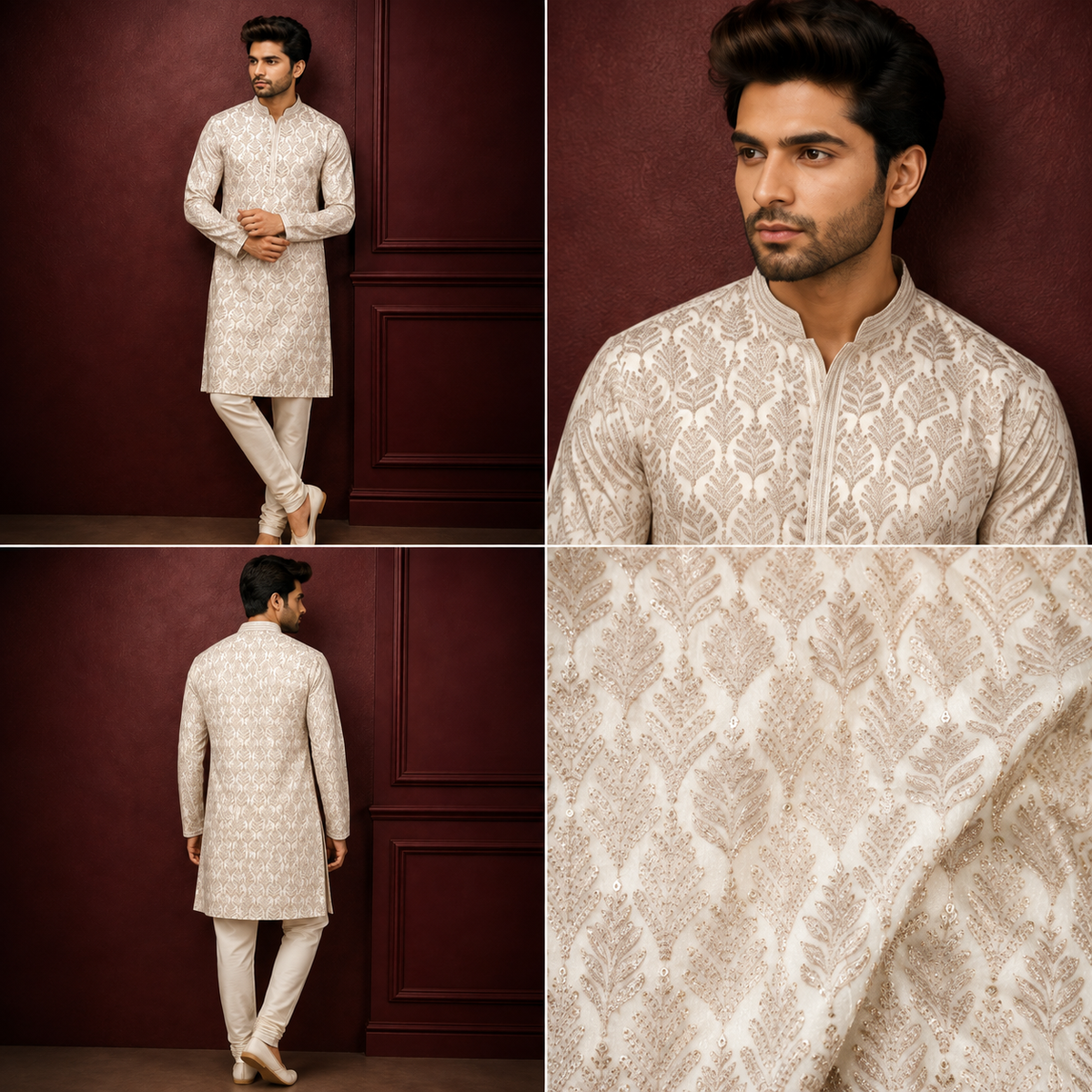 Ivory Leaf Printed Men’s Festive Kurta