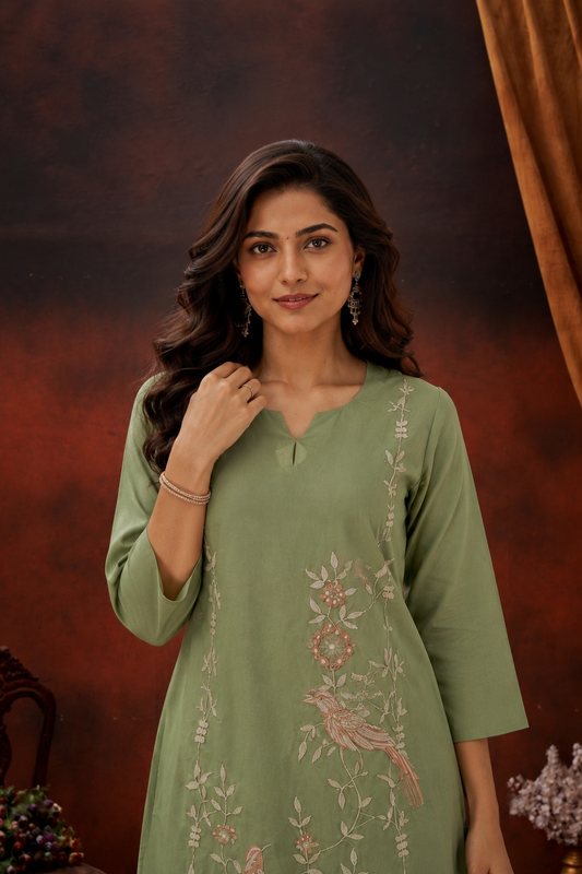 Sage Green Chanderi Embroidered co-ord set