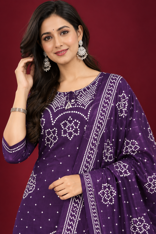 Royal Purple Bandhani Print Kurta Set with Dupatta