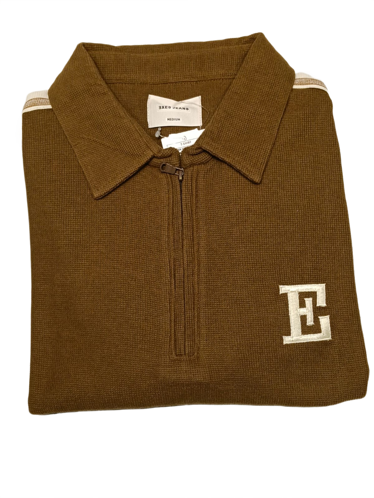 Men’s Brown Half-Zip T-Shirt with Contrast Sleeve Stripe