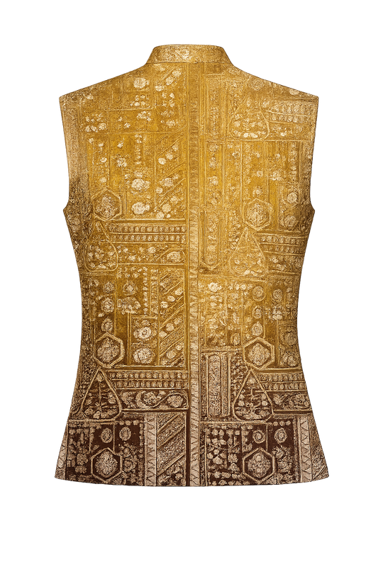 Men's Mustard Gold Jacquard Nehru Jacket | Premium Ethnic Wedding Waistcoat