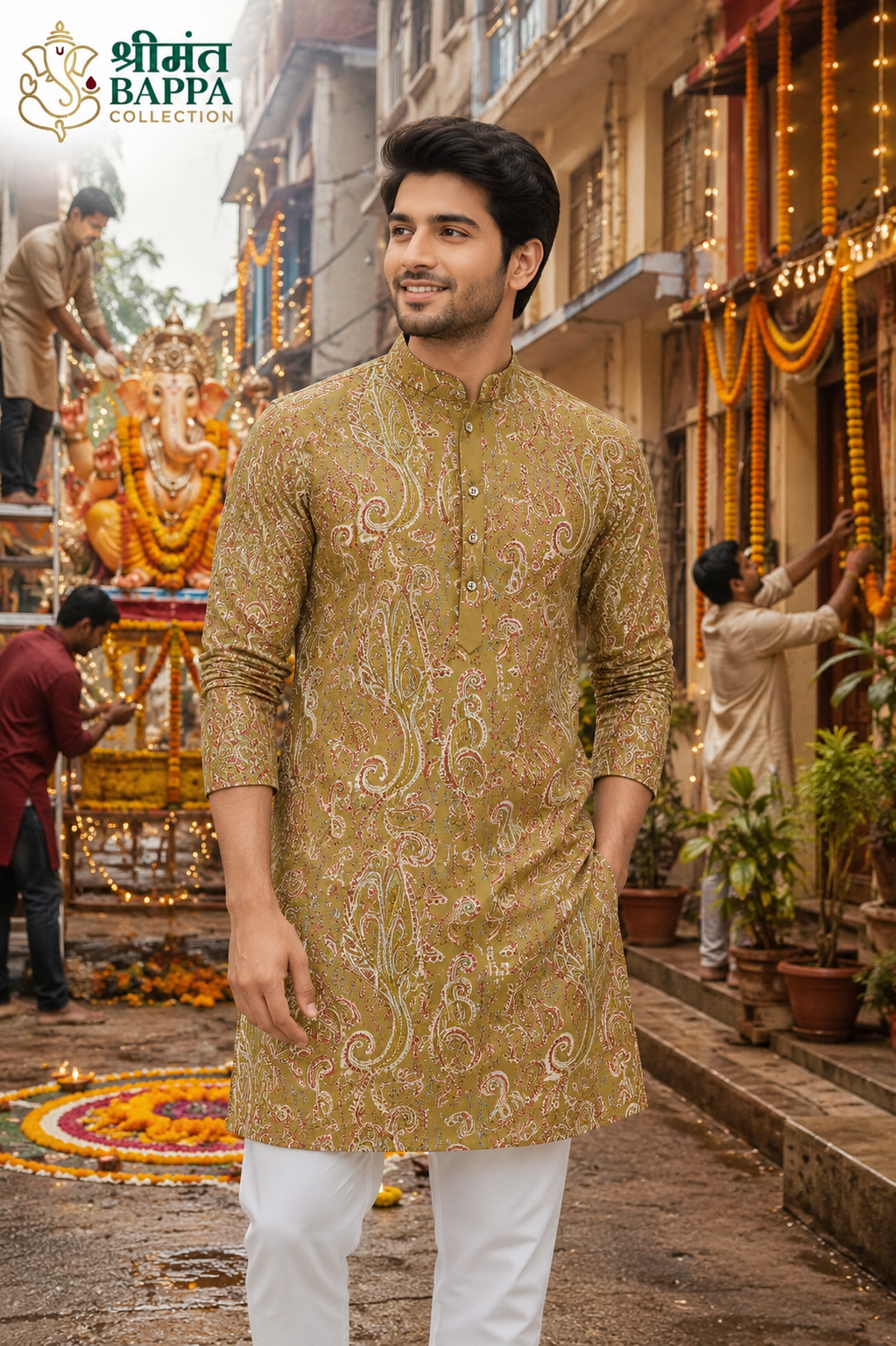 Mustard Olive Paisley Print Festive Kurta Set