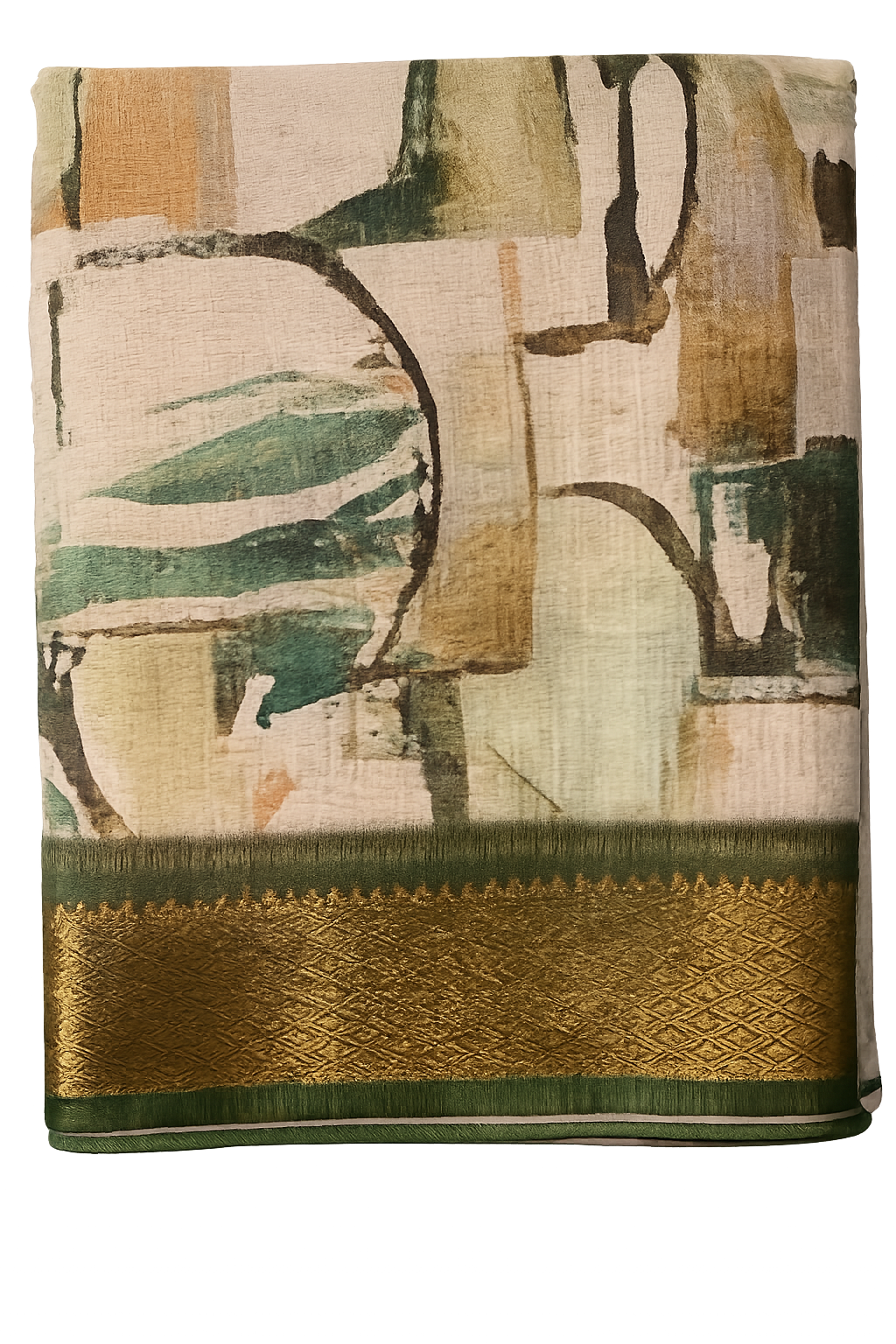 Elegant Olive Green & Beige Printed Blend Saree with Rich Golden Zari Borde