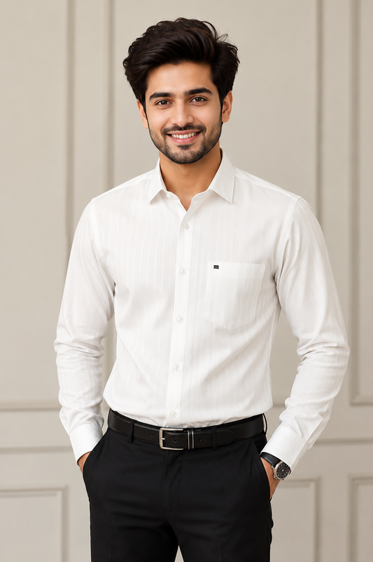 Men's Premium White Textured Formal Shirt – Full Sleeve Classic Office Wear