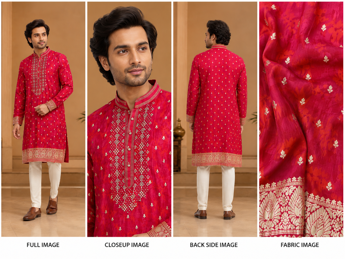 Royal Rani Pink Embroidered Festive Kurta for Men