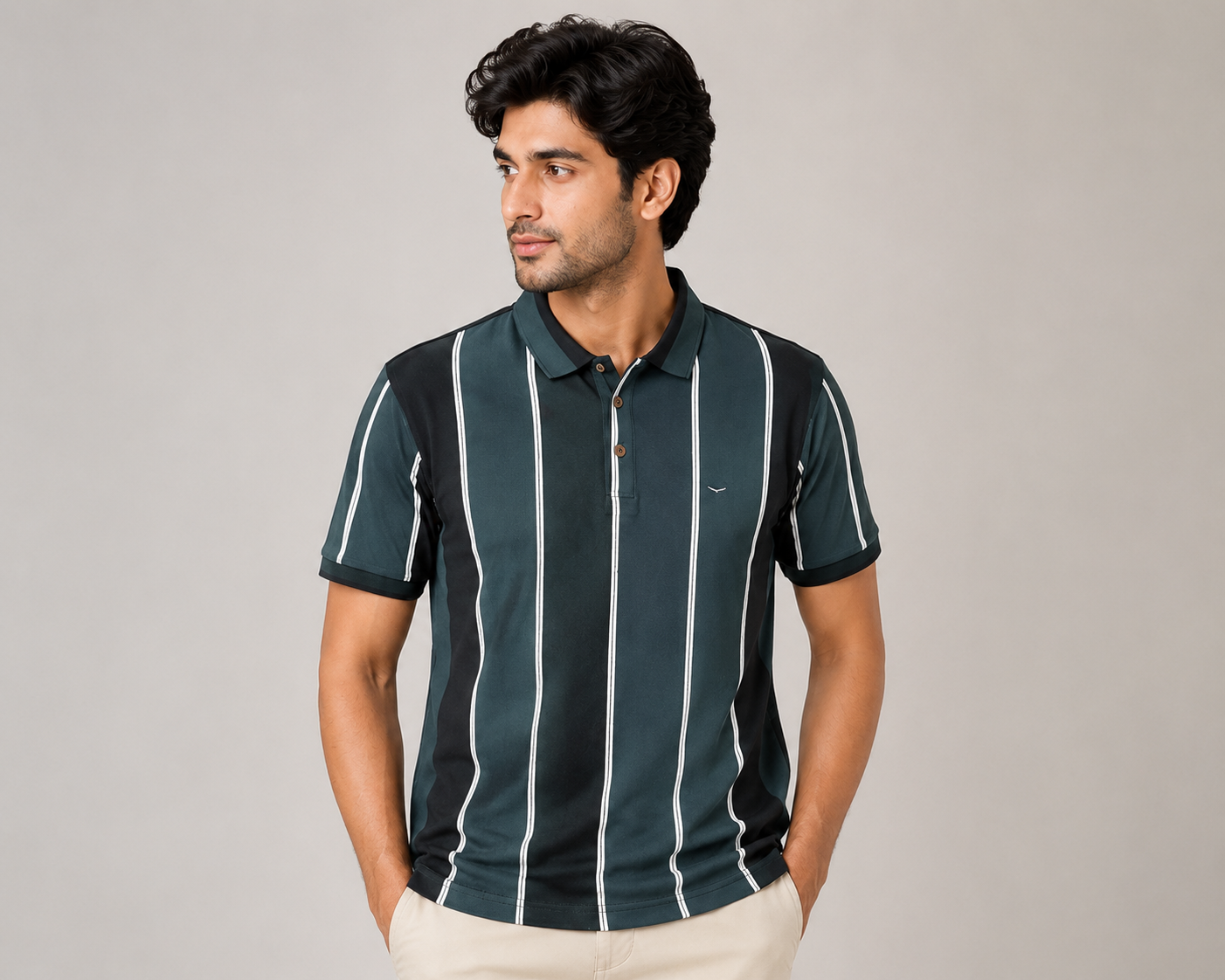 Men’s Dark Green Vertical Striped Polo T-Shirt