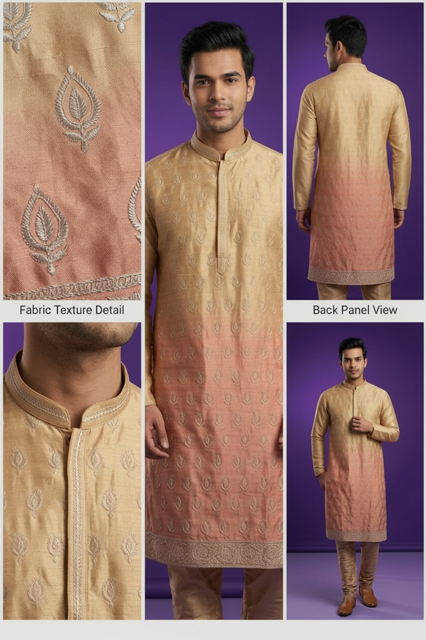 Men’s Gold & Peach Ombre Embroidered Kurta