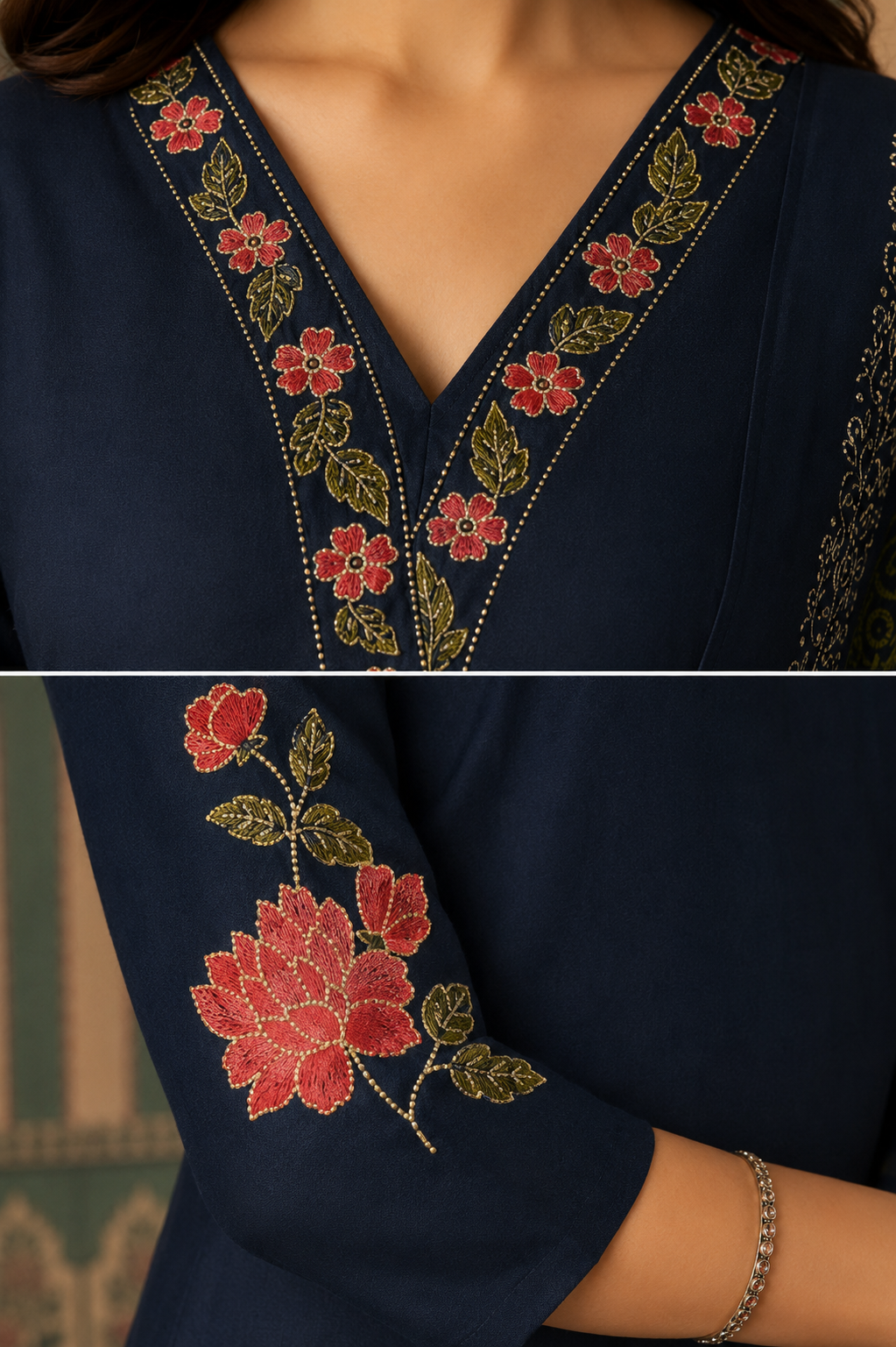 Women's Navy Blue Embroidered Kurta Palazzo Set with Printed Dupatta