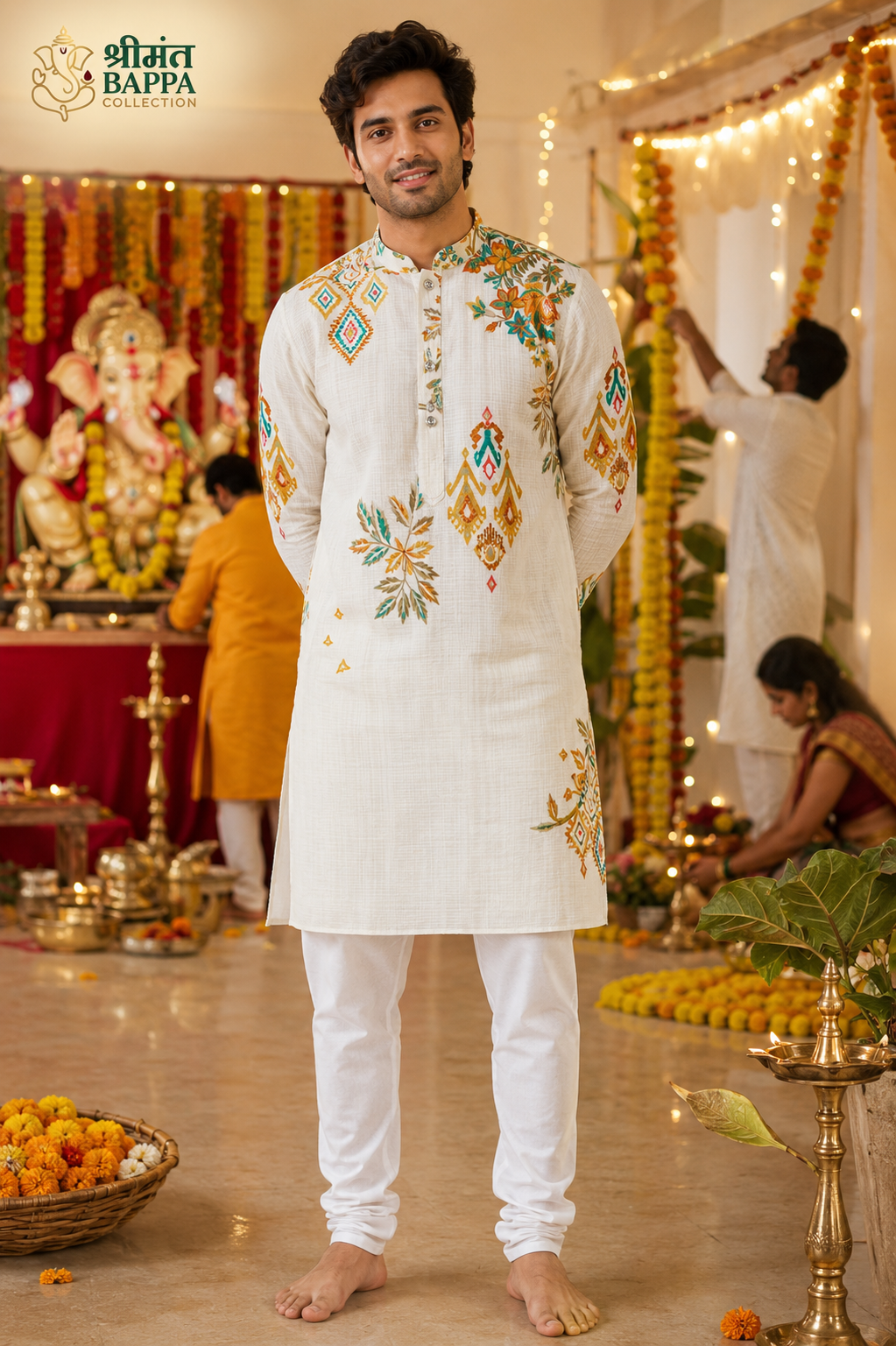 Ivory Printed Festive Kurta for Men