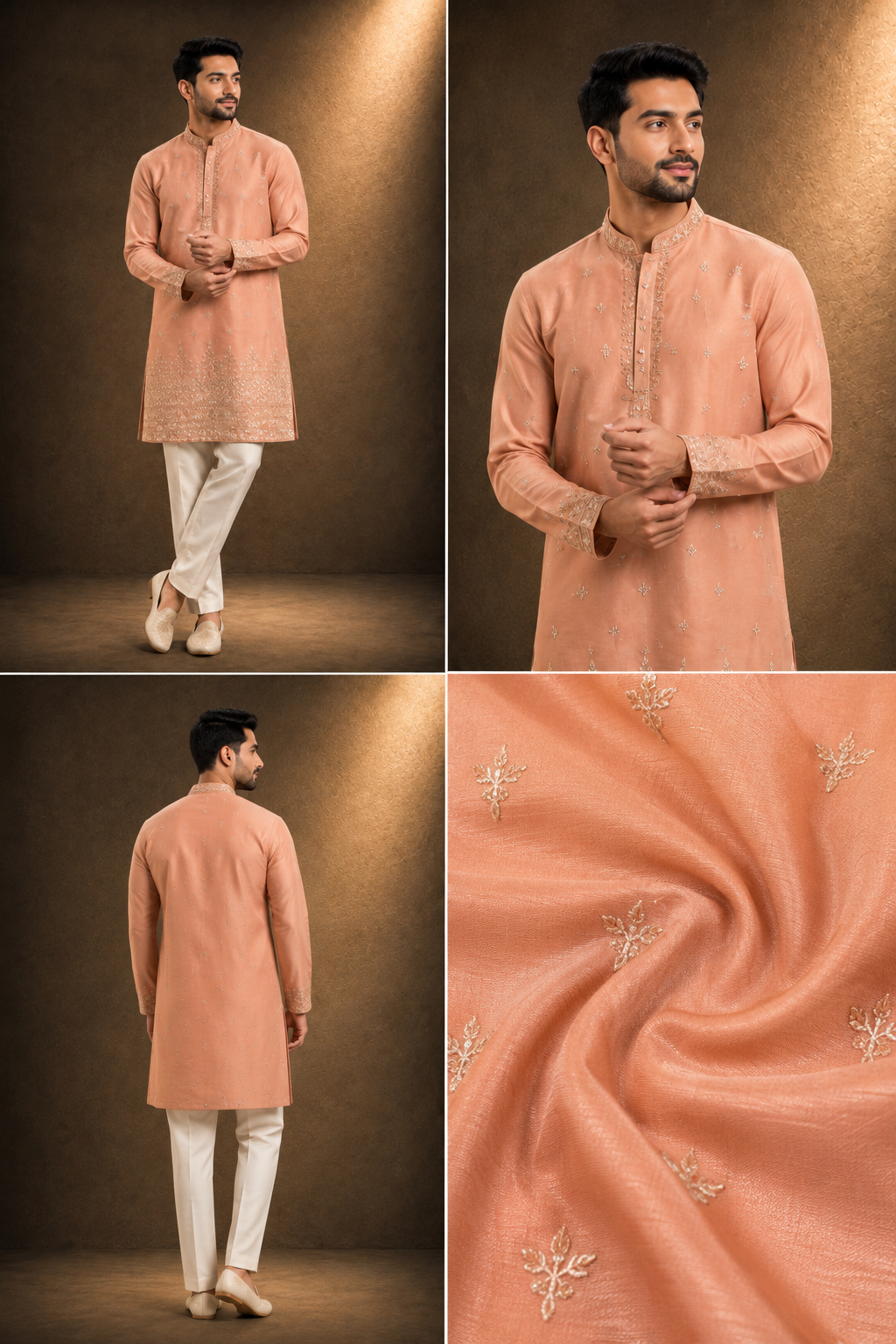 Peach Embroidered Kurta for Men