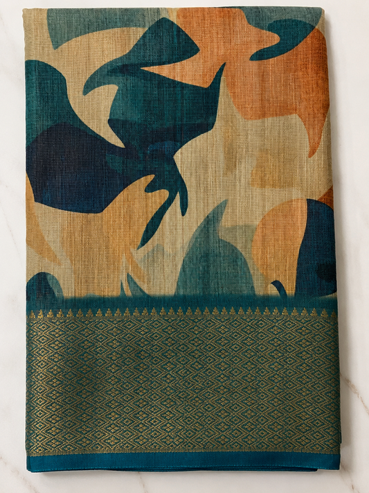 Teal & Sand Abstract Print Saree with Elegant Gold Zari Border