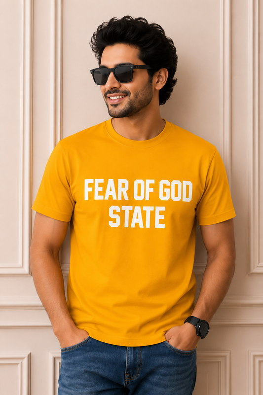 Fear of God State Graphic T-Shirt – Mustard Yellow | Premium Cotton Casual Wear