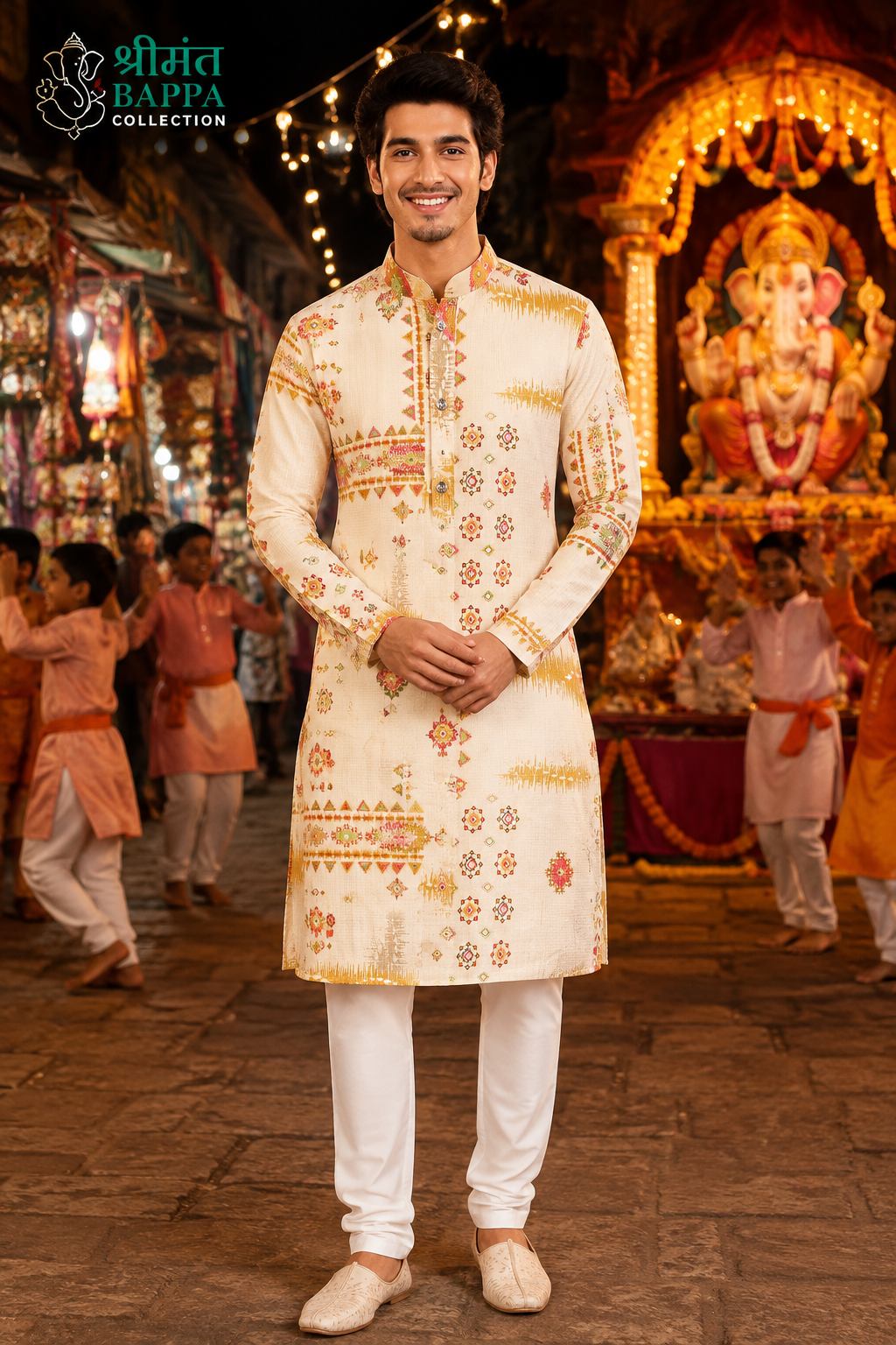 Men’s Ivory Printed Festive Kurta