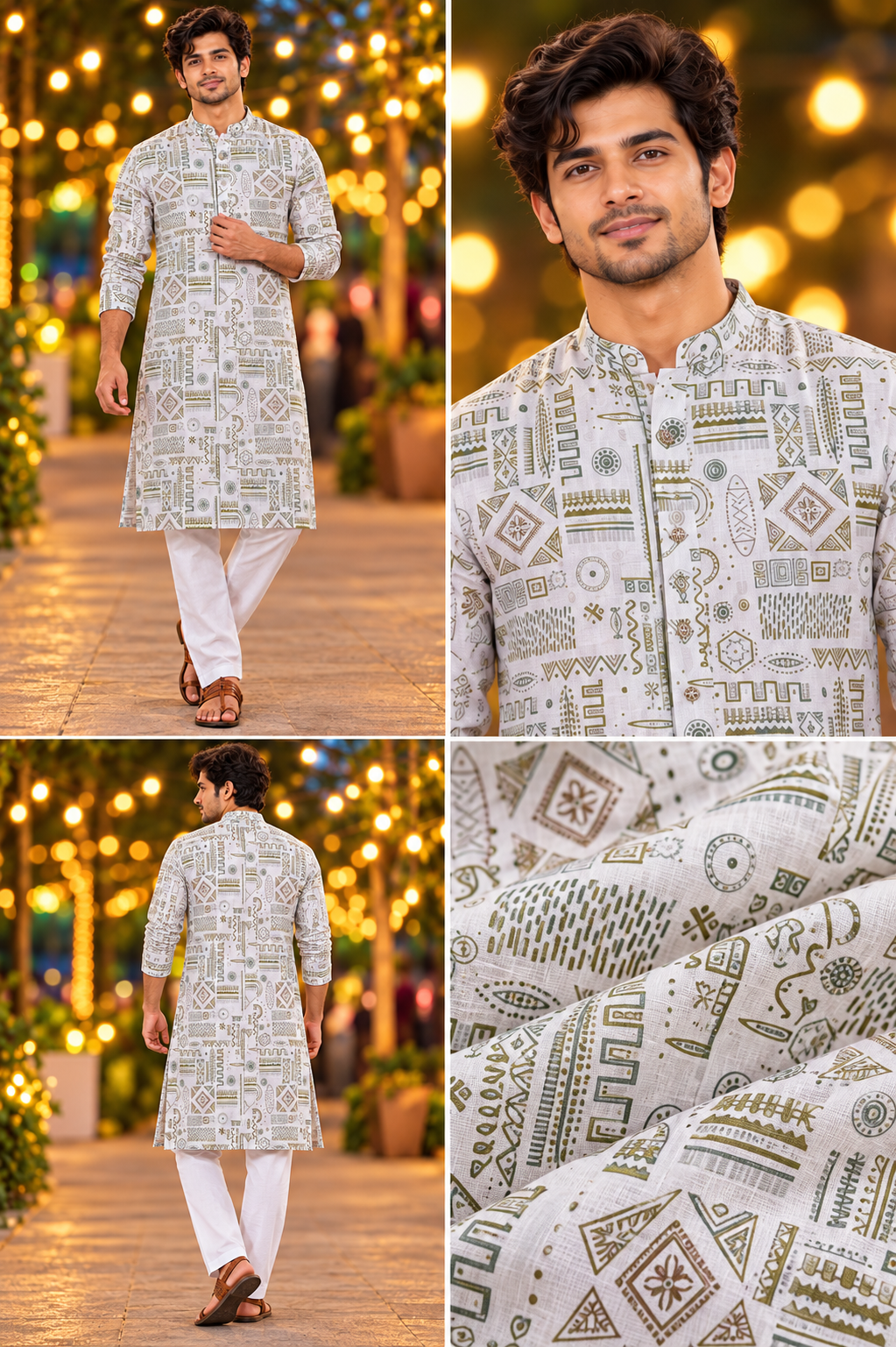 Men’s Ivory & Olive Tribal Print Only Kurta
