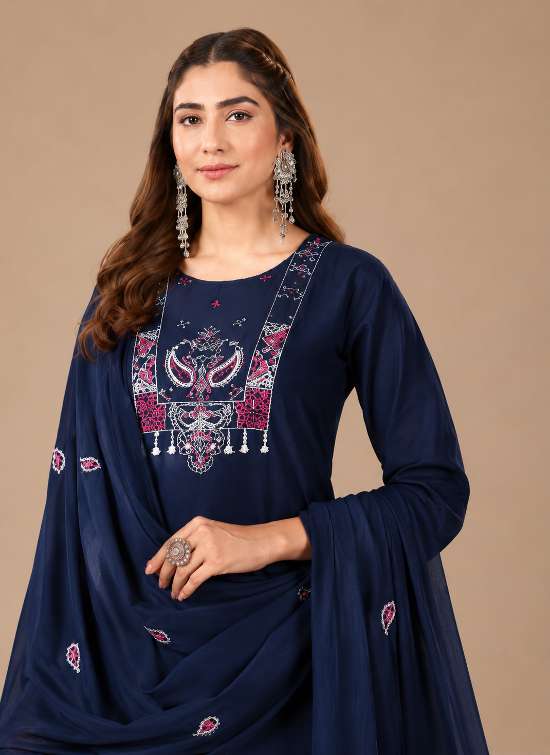Women's Navy Blue Embroidered Kurta Pant & Dupatta Set