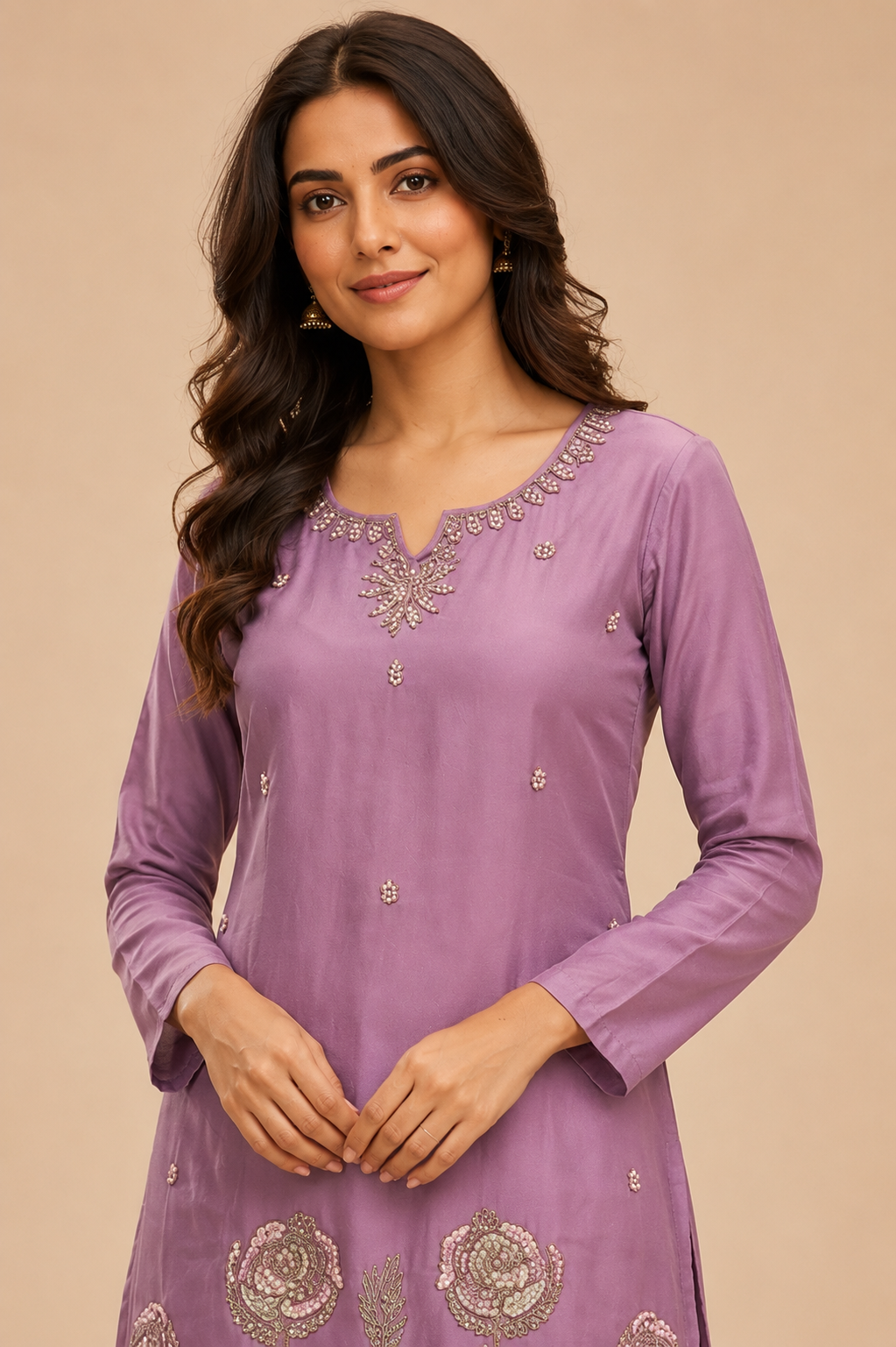 Women’s Lavender Heavy Glass Work Kurta Palazzo Set