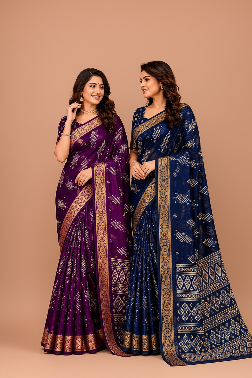 Women’s Traditional Printed Saree with Golden Border