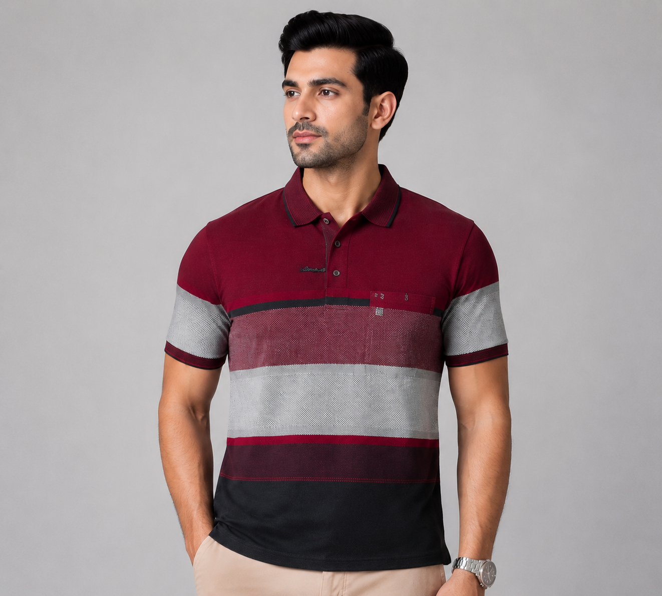 Men’s Maroon & Black Striped Polo T-Shirt