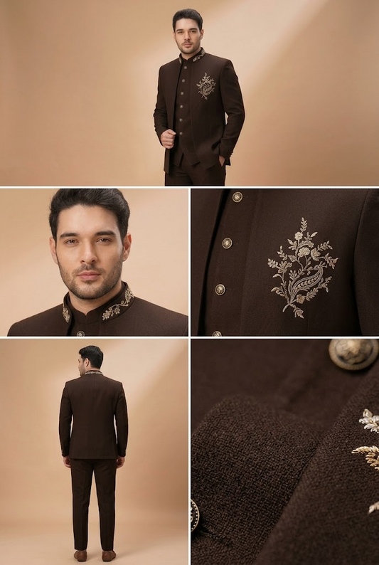 Chocolate Brown Embroidered Jodhpuri Suit