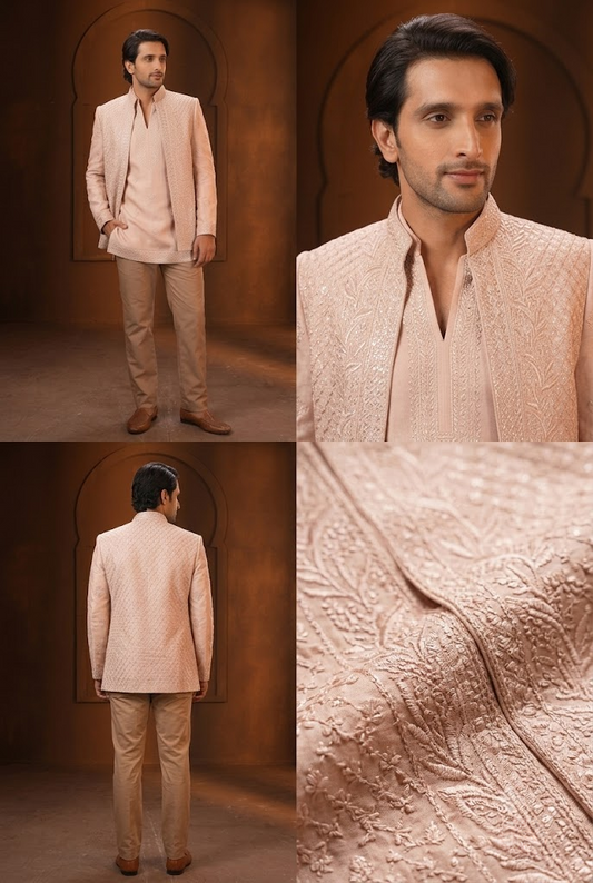 Peach Embroidered Indo-Western Jacket Set