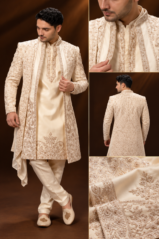 Ivory Gold Embroidered Indo-Western Sherwani Set
