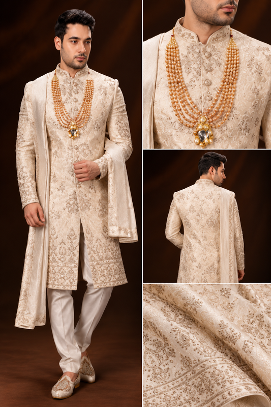 Royal Ivory Gold Embroidered Groom Sherwani