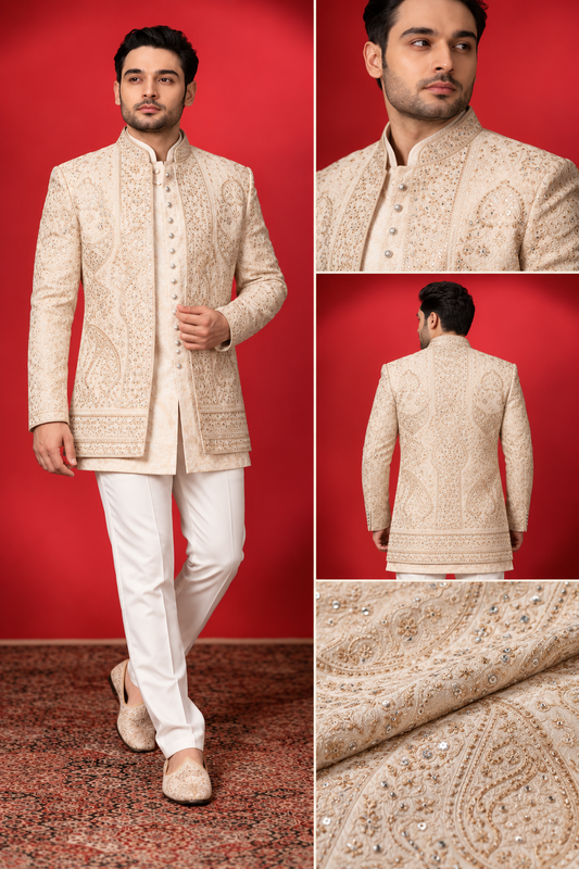 Ivory Gold Embroidered Indo-Western Set