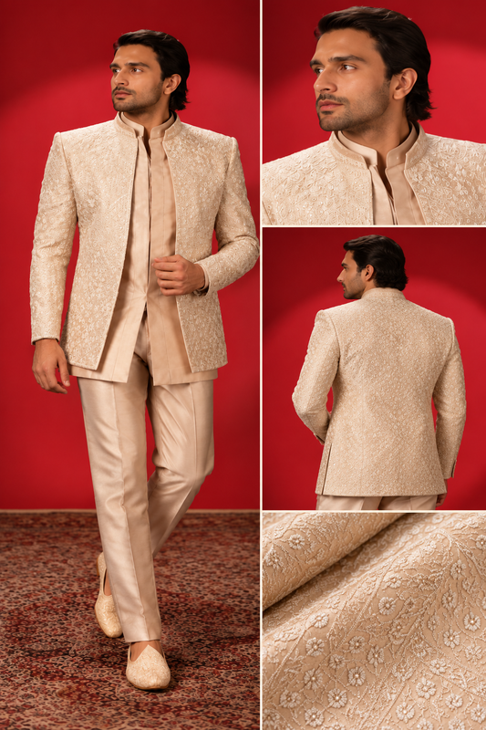Champagne Textured Indo-Western Jacket Set