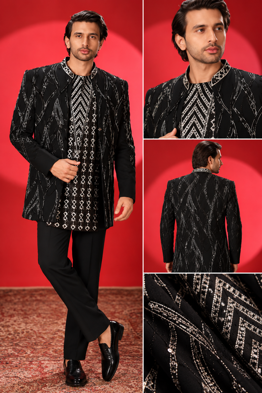 Black Silver Embellished Indo-Western Jacket Set