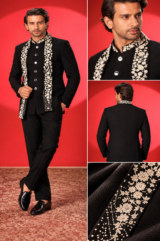 Black Floral Embroidered Jodhpuri Suit