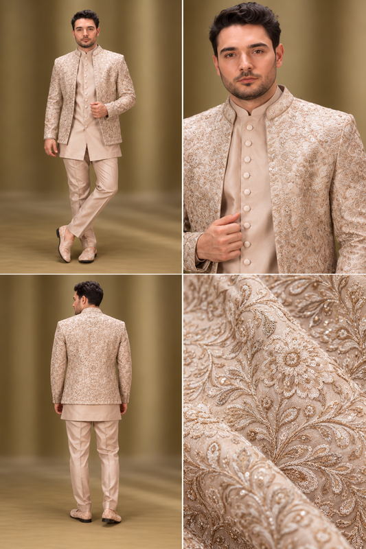Champagne Beige Embroidered Indo-Western Set