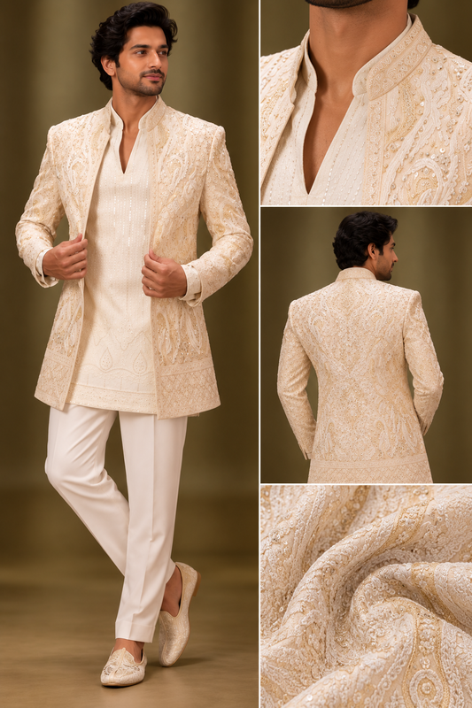 Royal Ivory & Gold Paisley Indo-Western Set