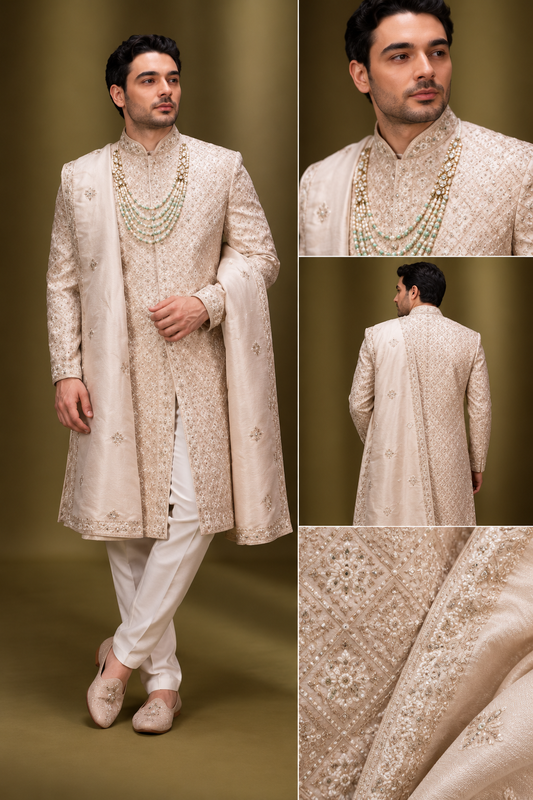 Champagne Beige Embroidered Wedding Sherwani