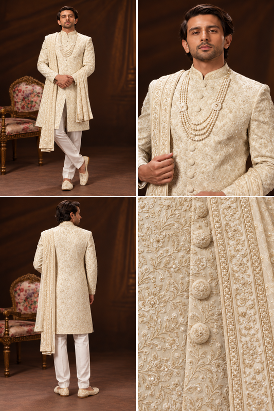 Royal Ivory Floral Embroidered Wedding Sherwani