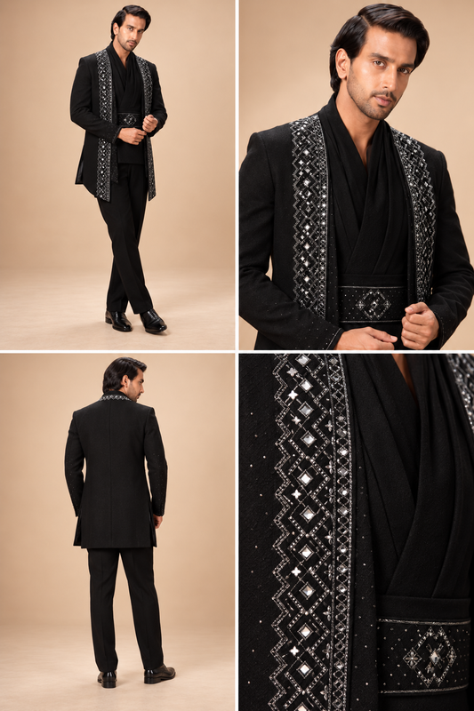 Black & Silver Geometric Embellished Indo-Western Set
