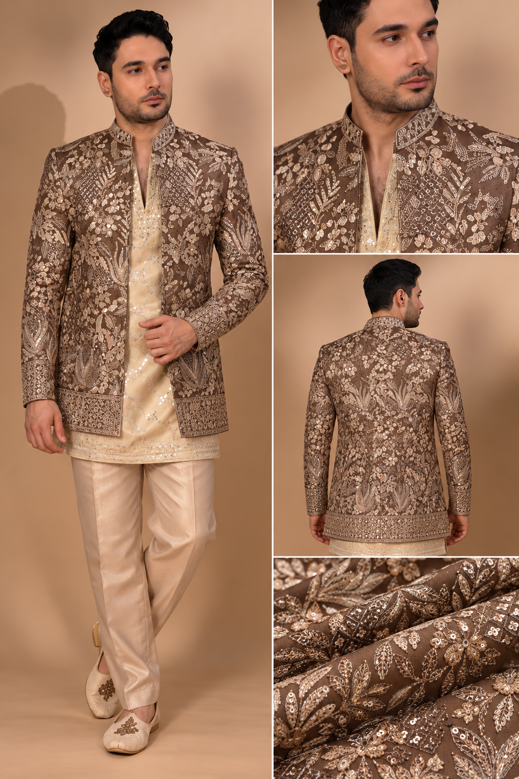 Mocha Brown & Champagne Embroidered Indo-Western Set
