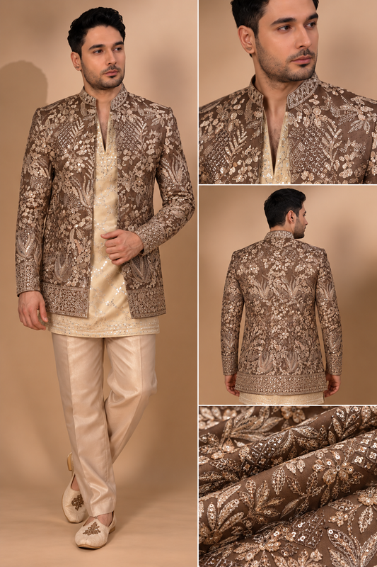 Mocha Brown & Champagne Embroidered Indo-Western Set