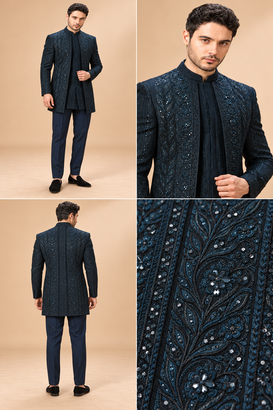 Midnight Blue Embroidered Indo-Western Set