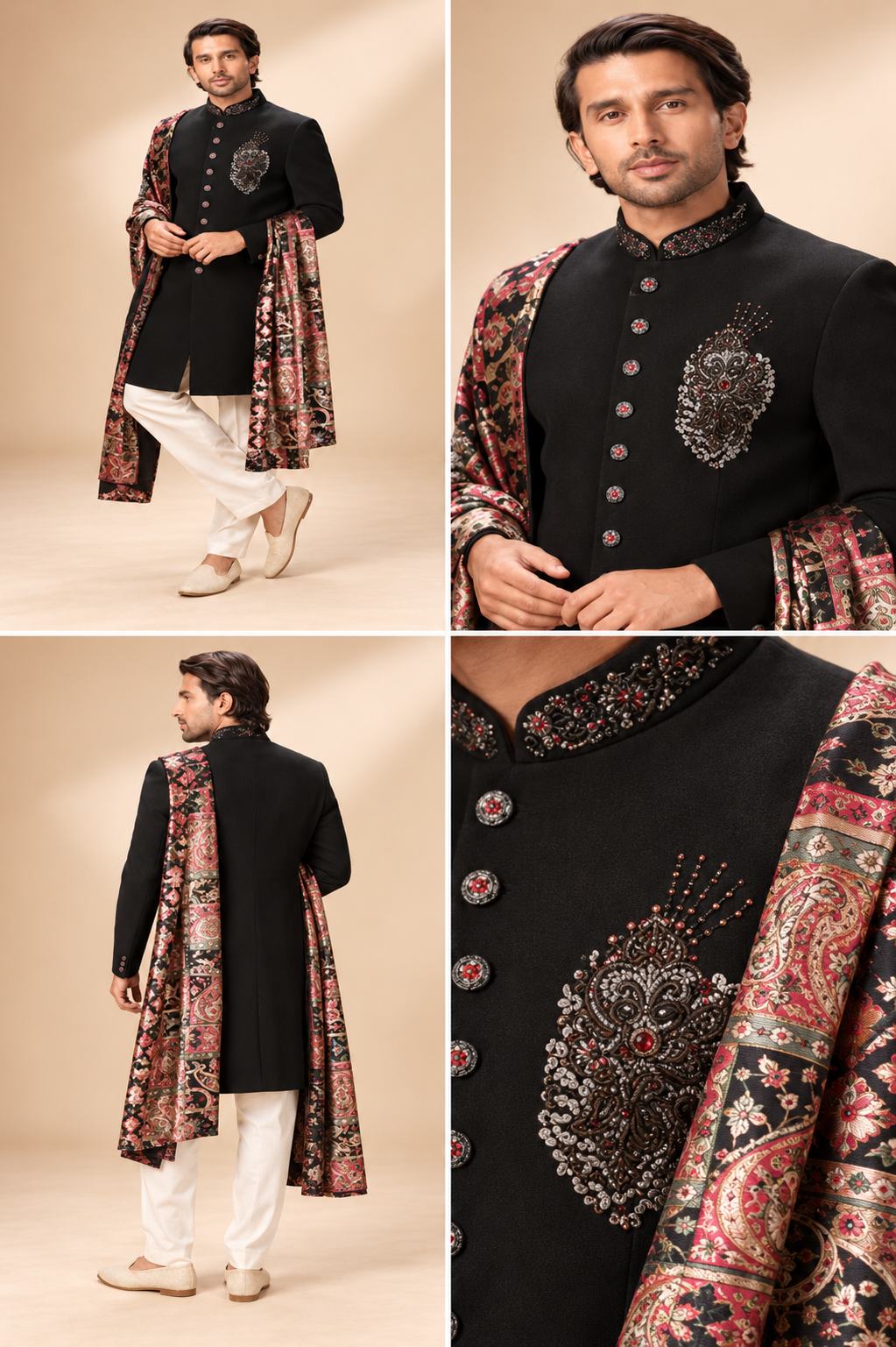 Regal Black Achkan with Printed Shawl